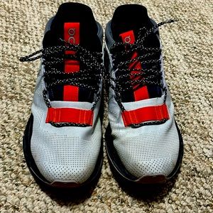 On men’s cloud sneakers grey red and black